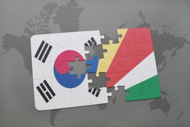 bir dünya haritası arka plan üzerinde güney kore ve seyşeller ulusal bayrağı ile bulmaca.