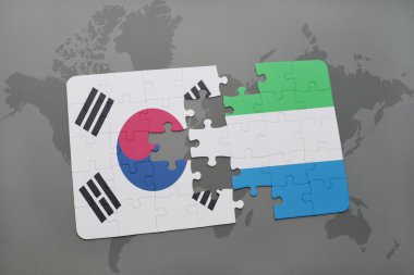 bir dünya haritası arka plan üzerinde güney kore ve sierra leone ulusal bayrağı ile bulmaca.