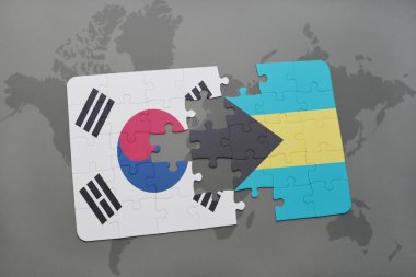 bir dünya haritası arka plan üzerinde Güney Kore ve Bahamalar ulusal bayrağı ile bulmaca.