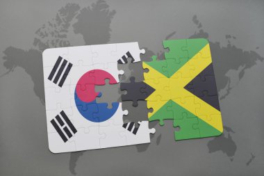 bir dünya haritası arka plan üzerinde güney kore ve jamaika ulusal bayrağı ile bulmaca.