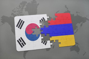 bir dünya haritası arka plan üzerinde Güney Kore ve Ermenistan ulusal bayrağı ile bulmaca.