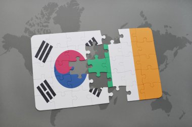 bir dünya haritası arka plan üzerinde Güney Kore ve İrlanda ulusal bayrağı ile bulmaca.