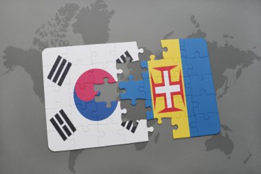 bir dünya haritası arka plan üzerinde güney kore ve madeira ulusal bayrağı ile bulmaca.