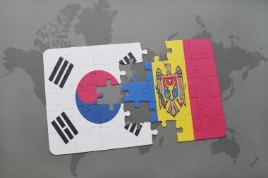 bir dünya haritası arka plan üzerinde güney kore ve moldova ulusal bayrağı ile bulmaca.