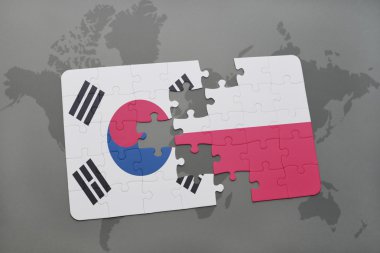 bir dünya haritası arka plan üzerinde Güney Kore ve Polonya ulusal bayrağı ile bulmaca.