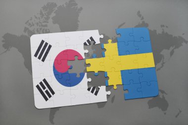 Kore Cumhuriyeti ve İsveç Ulusal bayrak dünya harita arka plan üzerinde ile bulmaca.