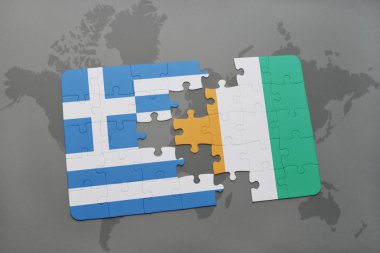 bir dünya haritası arka plan üzerinde yunanistan ve cote divoire ulusal bayrağı ile bulmaca.