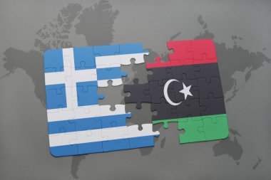 bir dünya haritası arka plan üzerinde Yunanistan ve Libya ulusal bayrağı ile bulmaca.