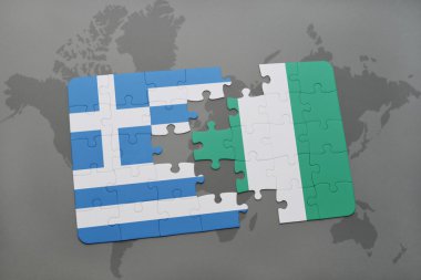 bir dünya haritası arka plan üzerinde Yunanistan ve Nijerya ulusal bayrağı ile bulmaca.