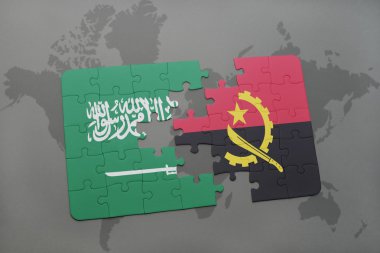 bir dünya haritası arka plan üzerinde Suudi Arabistan ve Angola ulusal bayrağı ile bulmaca.