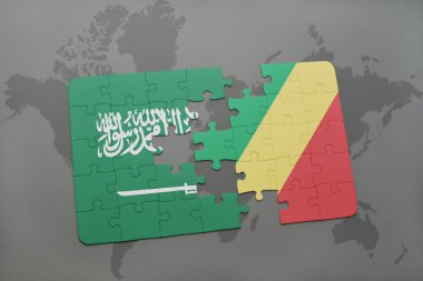 bir dünya haritası arka plan üzerinde Suudi Arabistan ve Kongo Cumhuriyeti ulusal bayrağı ile bulmaca.