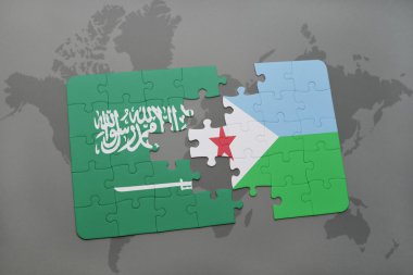bir dünya haritası arka plan üzerinde Suudi Arabistan ve cibuti ulusal bayrağı ile bulmaca.