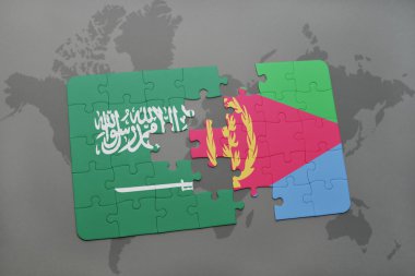 bir dünya haritası arka plan üzerinde Suudi Arabistan ve Eritre ulusal bayrağı ile bulmaca.