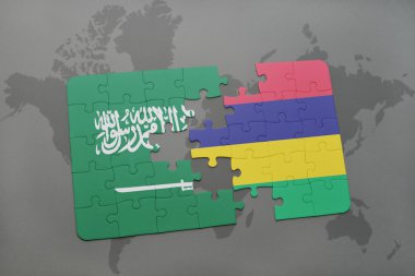 bir dünya haritası arka plan üzerinde Suudi Arabistan ve mauritius ulusal bayrağı ile bulmaca.