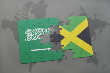 bir dünya haritası arka plan üzerinde Suudi Arabistan ve Jamaika ulusal bayrağı ile bulmaca.