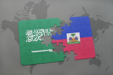 bir dünya haritası arka plan üzerinde Suudi Arabistan ve Haiti ulusal bayrağı ile bulmaca.