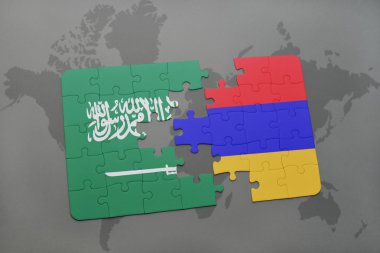 bir dünya haritası arka plan üzerinde Suudi Arabistan ve Ermenistan ulusal bayrağı ile bulmaca.