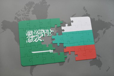 bir dünya haritası arka plan üzerinde Suudi Arabistan ve Bulgaristan ulusal bayrağı ile bulmaca.
