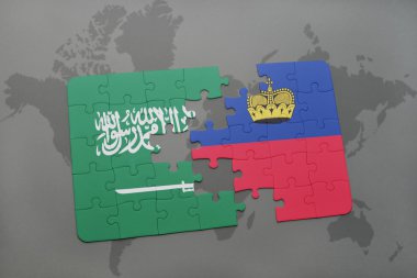 bir dünya haritası arka plan üzerinde Suudi Arabistan ve Lihtenştayn ulusal bayrağı ile bulmaca.