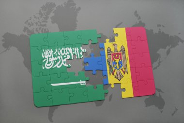 Suudi Arabistan ve dünya harita arka plan üzerinde moldova bayrağı ile bulmaca.