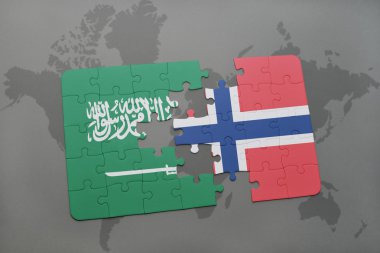 Suudi Arabistan ve Norveç ulusal bayrak dünya harita arka plan üzerinde ile bulmaca.