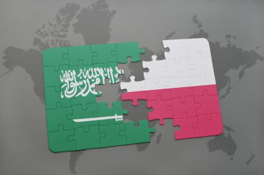 Suudi Arabistan ve Polonya ulusal bayrak dünya harita arka plan üzerinde ile bulmaca.
