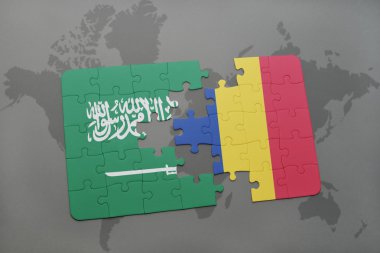 Suudi Arabistan ve Romanya ulusal bayrak dünya harita arka plan üzerinde ile bulmaca.