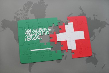 Suudi Arabistan ve İsviçre ulusal bayrak dünya harita arka plan üzerinde ile bulmaca.