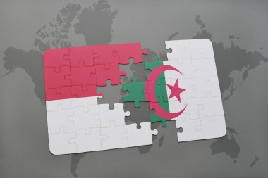 bir dünya haritası arka plan üzerinde endonezya ve Cezayir ulusal bayrağı ile bulmaca.