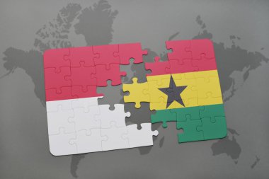 bir dünya haritası arka plan üzerinde endonezya ve gana ulusal bayrağı ile bulmaca.