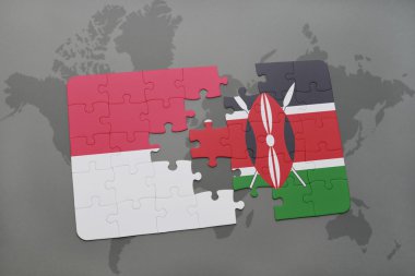 bir dünya haritası arka plan üzerinde endonezya ve kenya ulusal bayrağı ile bulmaca.