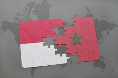 bir dünya haritası arka plan üzerinde endonezya ve Fas ulusal bayrağı ile bulmaca.