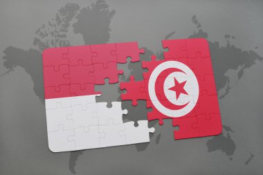 bir dünya haritası arka plan üzerinde endonezya ve tunus ulusal bayrağı ile bulmaca.