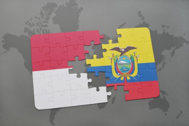 bir dünya haritası arka plan üzerinde endonezya ve ekvador ulusal bayrağı ile bulmaca.