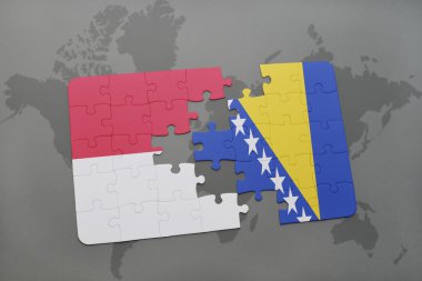 bir dünya haritası arka plan üzerinde endonezya ve bosna-hersek ulusal bayrağı ile bulmaca.