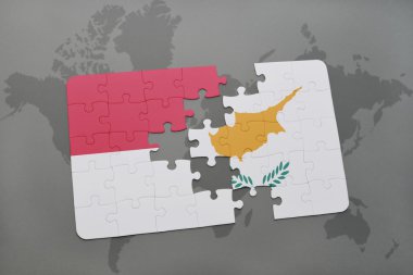 bir dünya haritası arka plan üzerinde endonezya ve Kıbrıs ulusal bayrağı ile bulmaca.