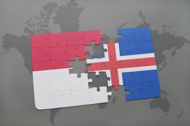 bir dünya haritası arka plan üzerinde Endonezya ve İzlanda ulusal bayrağı ile bulmaca.