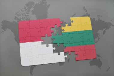 bir dünya haritası arka plan üzerinde Endonezya ve Litvanya ulusal bayrağı ile bulmaca.