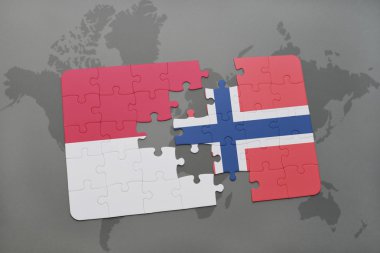bir dünya haritası arka plan üzerinde endonezya ve norveç ulusal bayrağı ile bulmaca.
