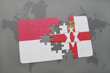 bir dünya haritası arka plan üzerinde endonezya ve kuzey İrlanda ulusal bayrağı ile bulmaca.