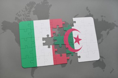 bir dünya haritası arka plan üzerinde İtalya ve Cezayir ulusal bayrağı ile bulmaca.