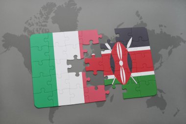 İtalya ve kenya ulusal bayrak dünya harita arka plan üzerinde ile bulmaca.
