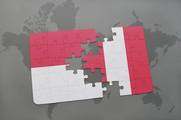 Puzzle con la bandiera nazionale di indonesia e peru su sfondo mappa del mondo . — Foto Stock