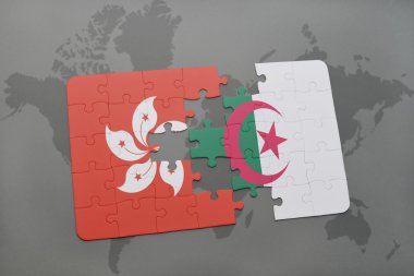 bir dünya haritası arka plan üzerinde hong kong ve cezayir ulusal bayrağı ile bulmaca.