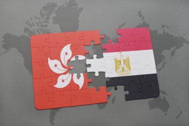 bir dünya haritası arka plan üzerinde hong kong ve Mısır ulusal bayrağı ile bulmaca.