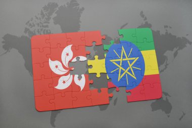 bir dünya haritası arka plan üzerinde hong kong ve etiyopya ulusal bayrağı ile bulmaca.