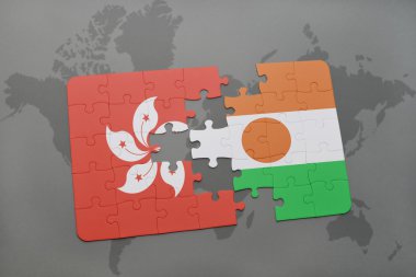 bir dünya haritası arka plan üzerinde hong kong ve nijer ulusal bayrağı ile bulmaca.