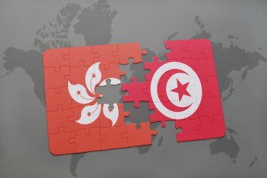 bir dünya haritası arka plan üzerinde hong kong ve tunus ulusal bayrağı ile bulmaca.