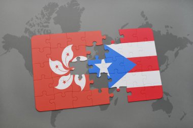 bir dünya haritası arka plan üzerinde hong kong ve porto riko ulusal bayrağı ile bulmaca.