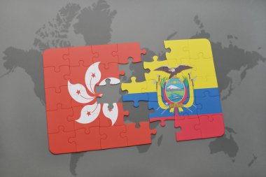 bir dünya haritası arka plan üzerinde hong kong ve ekvador ulusal bayrağı ile bulmaca.